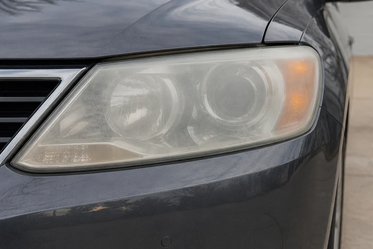 Illustrative example of a cloudy, oxidized headlight before restoration